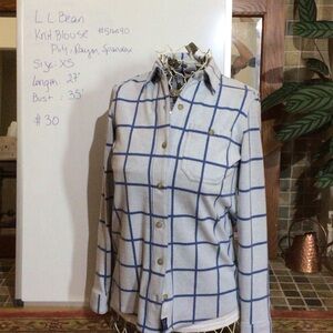 L.L. Bean Women's White and Blue Grid Knit Blouse